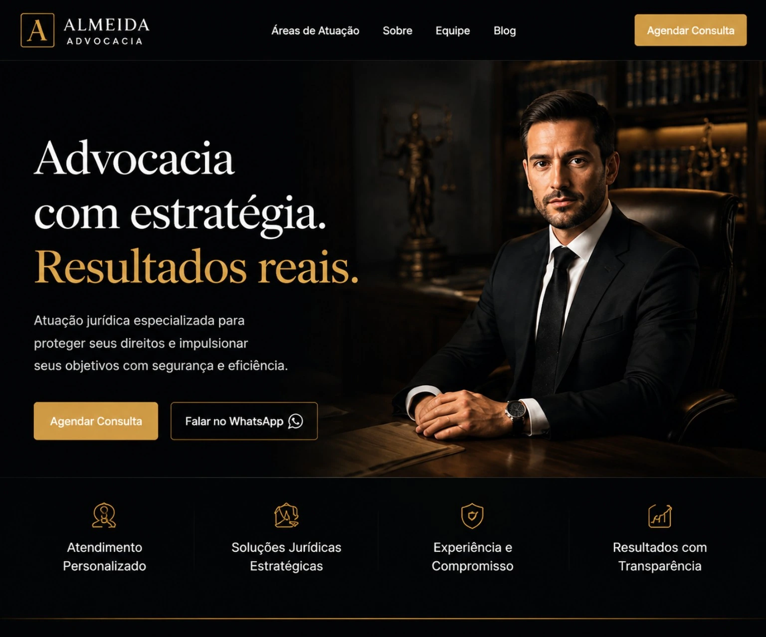 Conceito de site para Almeida Advocacia com identidade preta e dourada